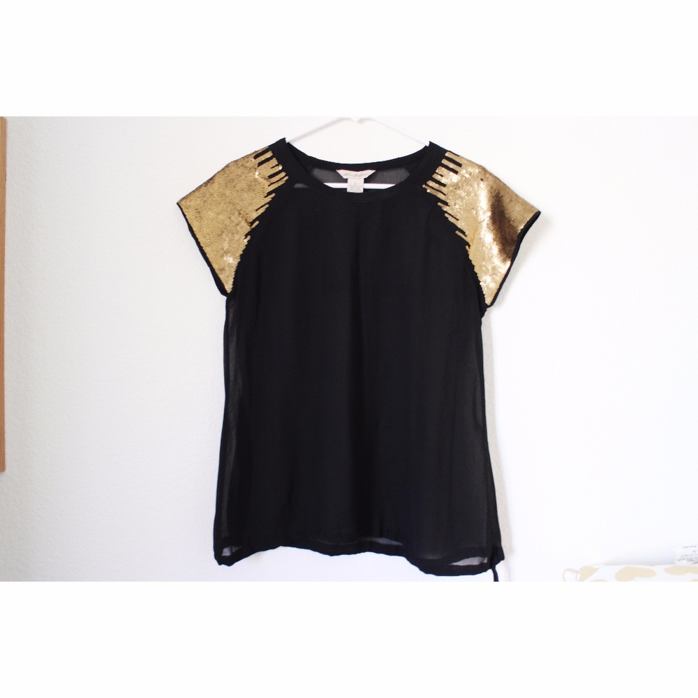 Fun & Flirt Golden Sequin Black Sheer Top Blouse L